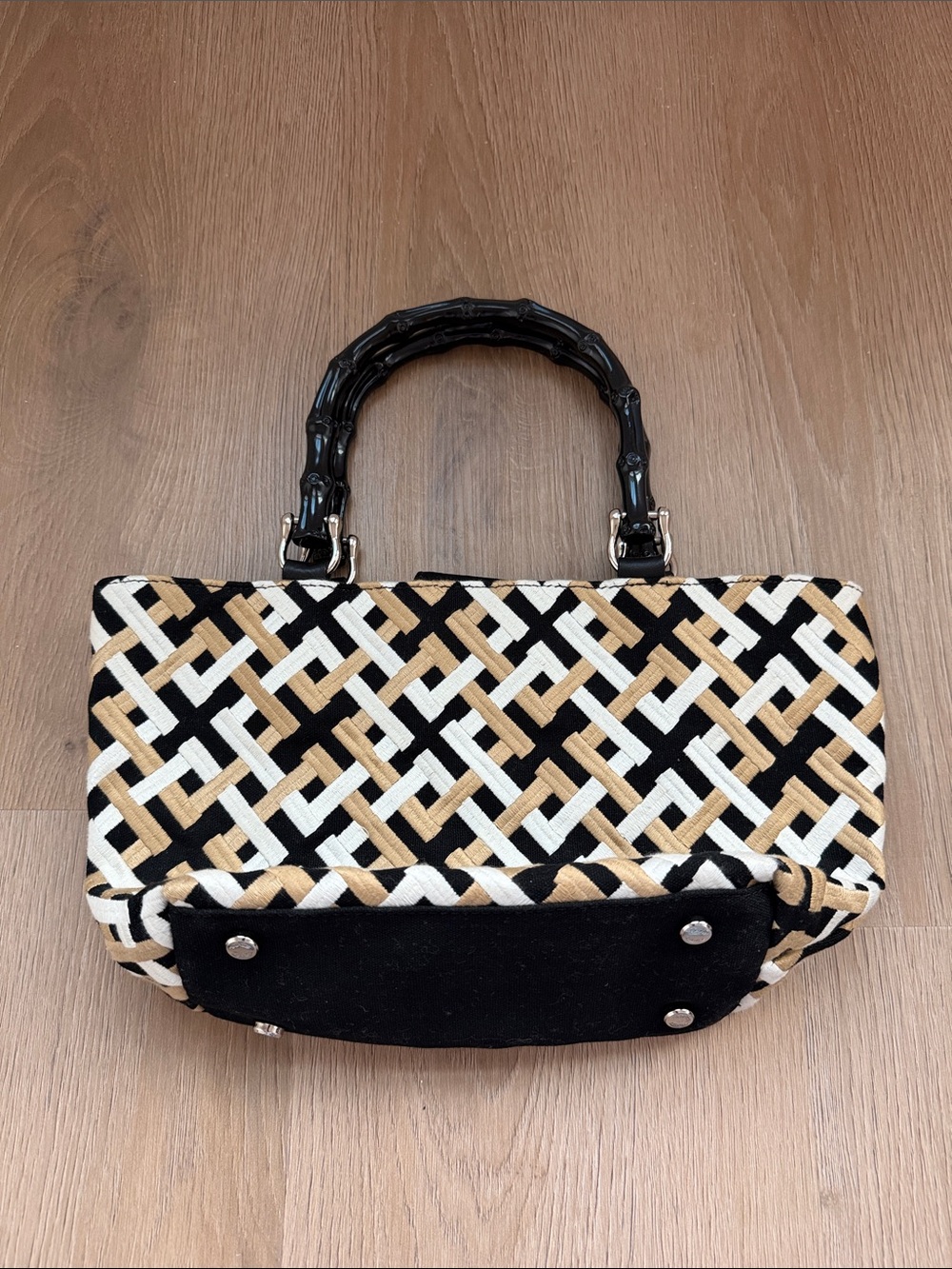 Vintage Talbots geometric-lattice fabric handbag with black faux bamboo handles